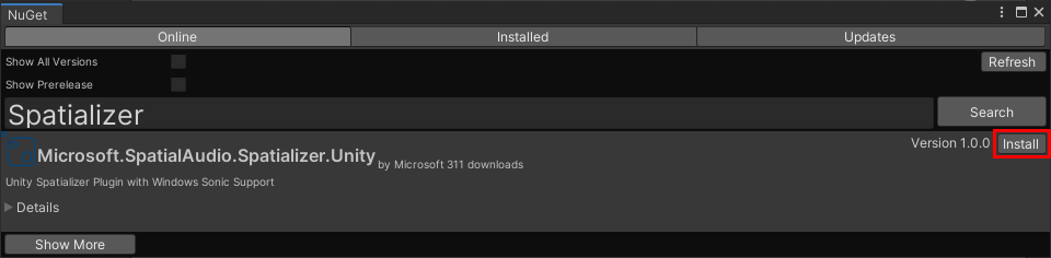 Figure 05: Installing Microsoft Spatial Audio using NuGet