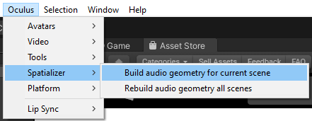 Figure 15: Oculus Spatializer menu entry when using the Oculus Integration Asset