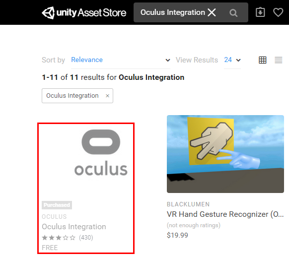 Figure 06: Searching for Oculus Integration in the Asset Store