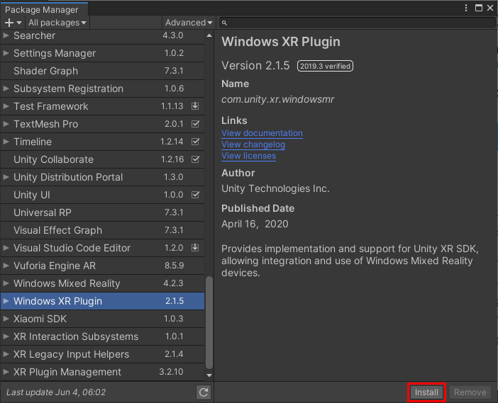 Figure 01: Installing the Windows XR Plugin via the Package Manager