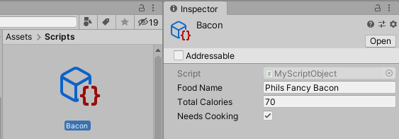 Figure 08: The Bacon asset as it appears in the Project window (left) and its configuration (right). Note that each variable that was created in the script is represented here, and at the top, there is a reference to the ScriptableObject being used.