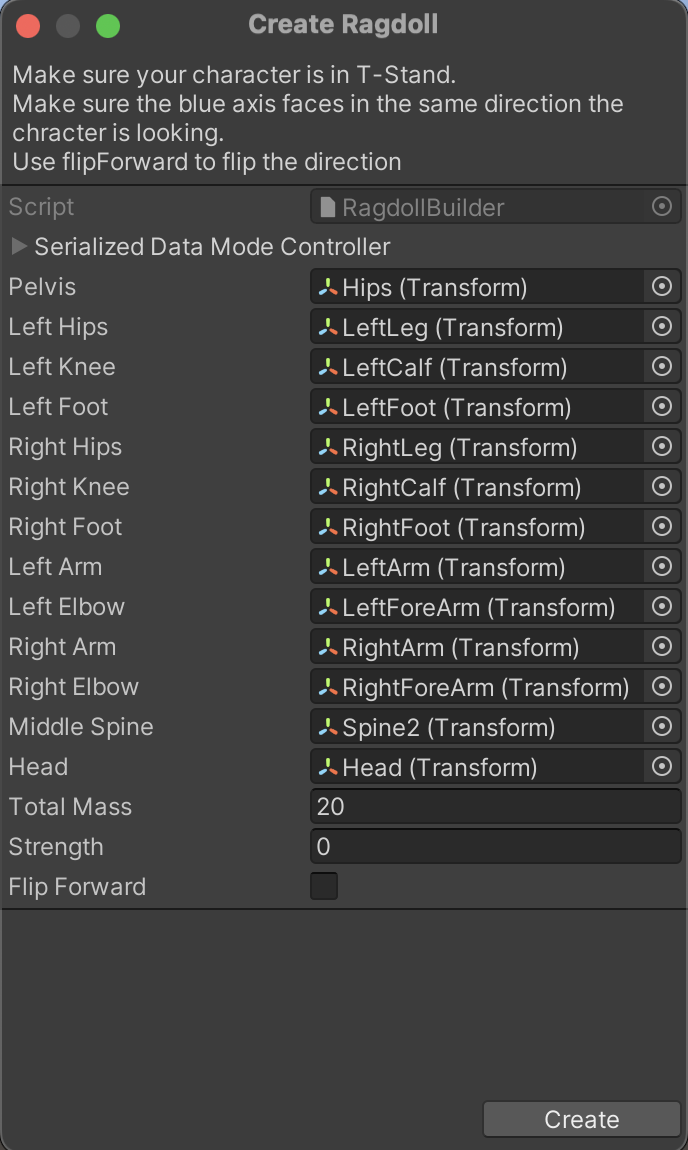 Figure 04: A look at the Ragdoll Wizard after all bones have been assigned.