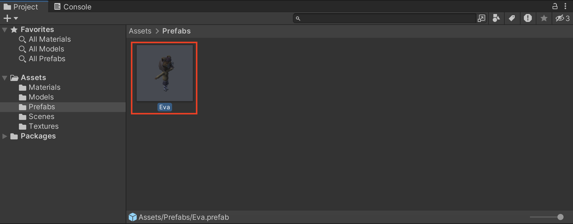 Figure 01: The Eva Prefab within the Project view.