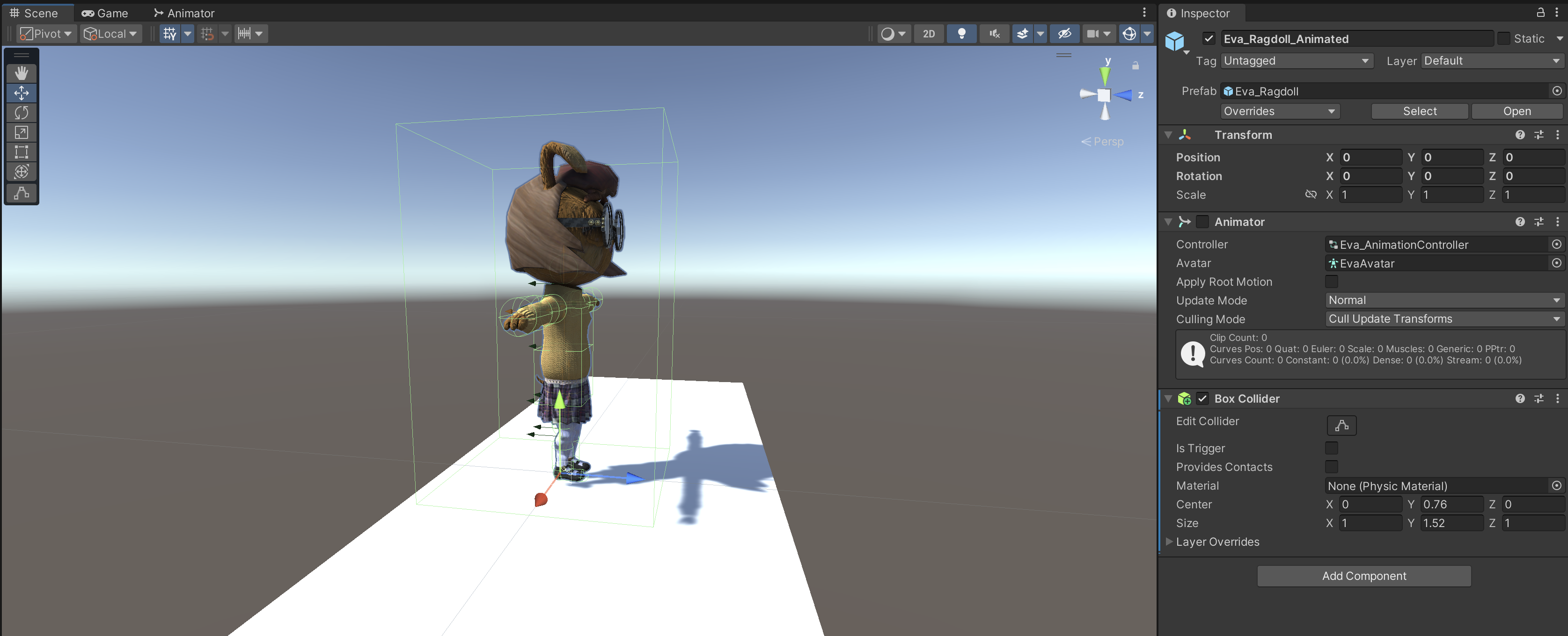 Figure 18: As the player controlled/animated version of the character will not collide with itself, a single Box Collider is all that is needed to handle collisions from other objects.