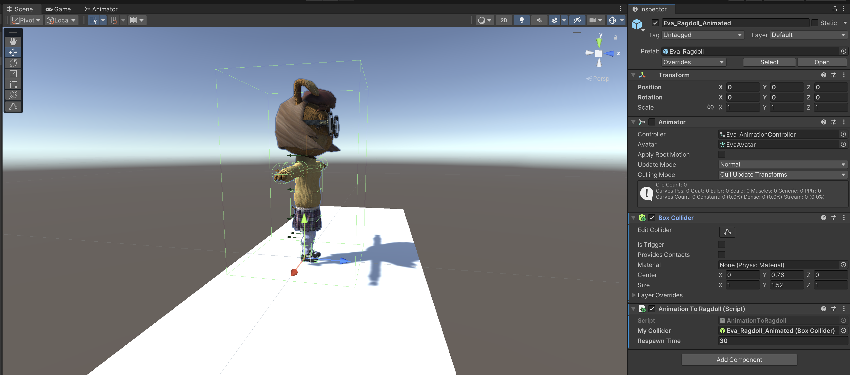 Figure 19: Assigning the AnimationToRagdoll Script to the player controlled character.