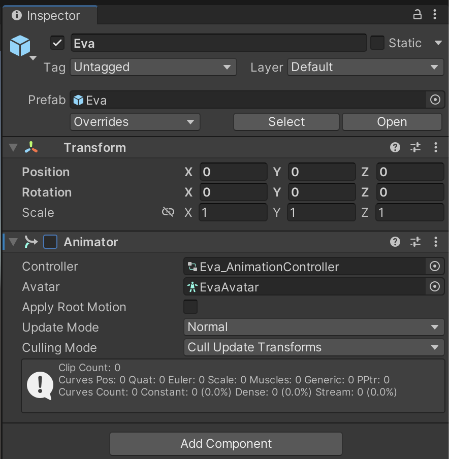 Figure 14: Disabling the character’s Animator component.