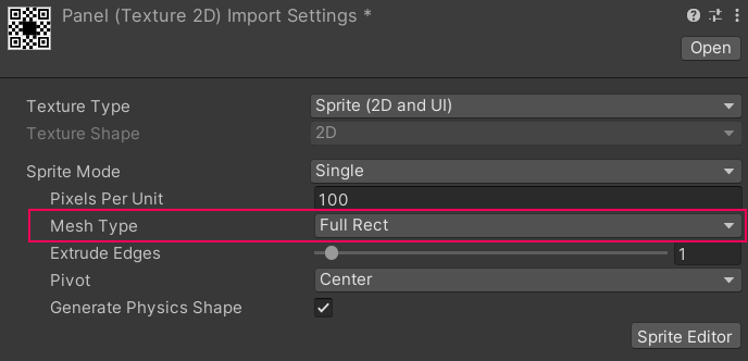 Figure 03: Setting the Sprite’s Mesh Type to Full Rect ensures it will display correctly when 9-sliced.