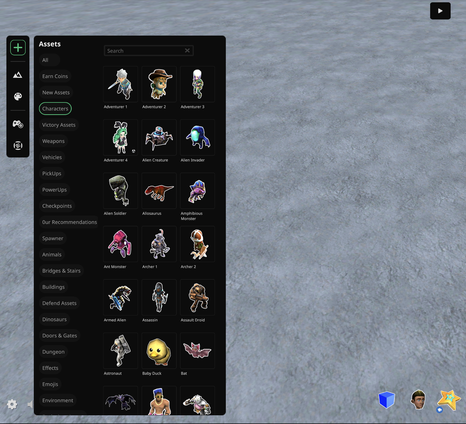 The Asset Loadout menu is your buffet of characters and objects that will fill your game!