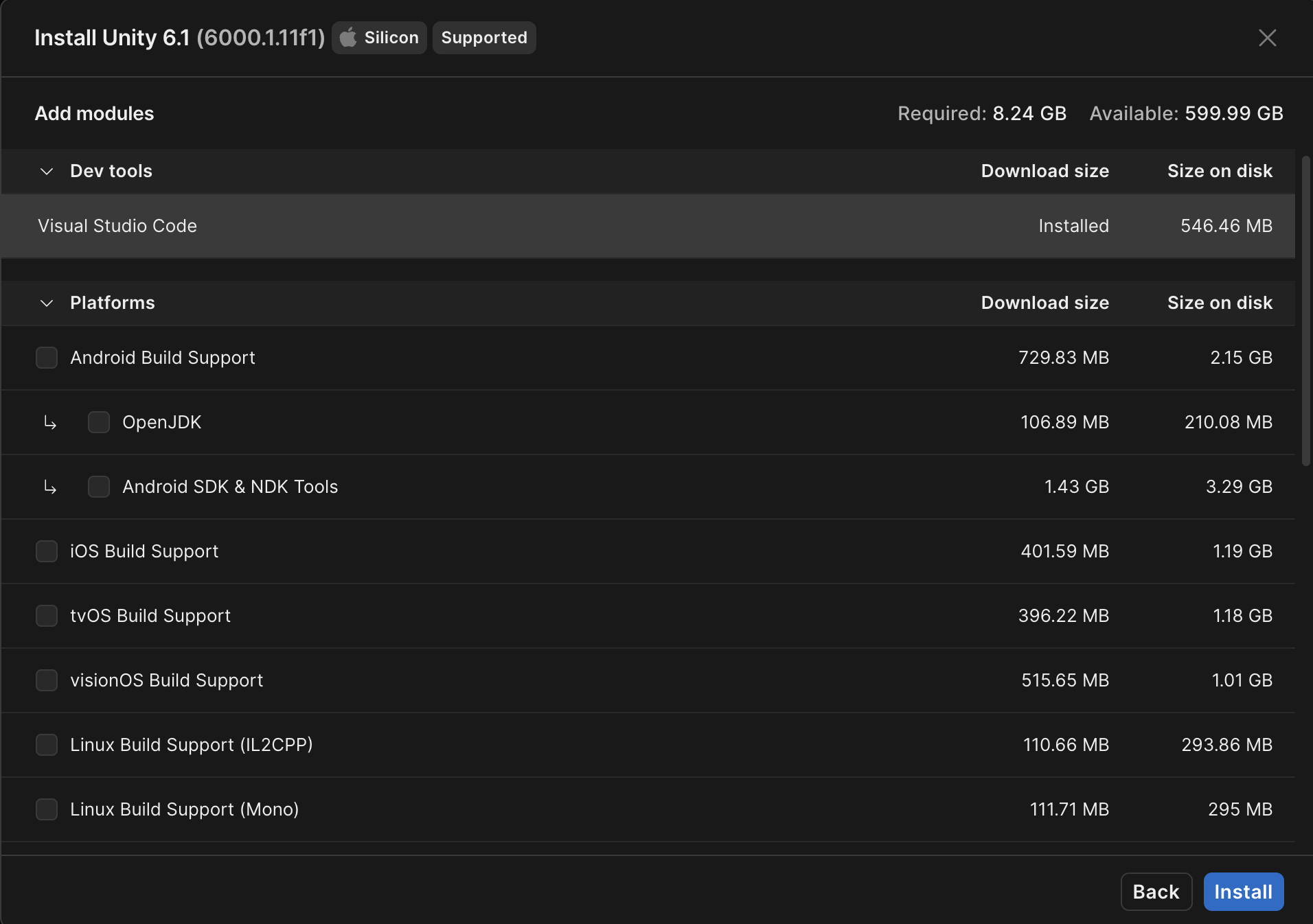The Install Unity dialog box, with a list of available modules.