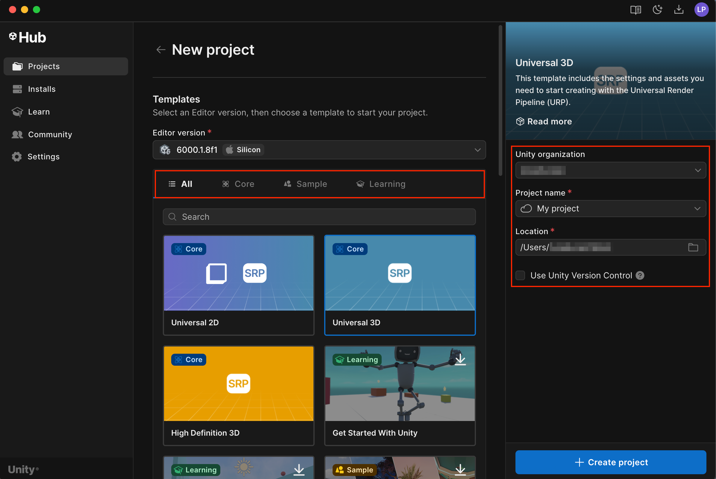 The Projects tab with the Templates, Project name, Unity organization, Location section highlighted.
