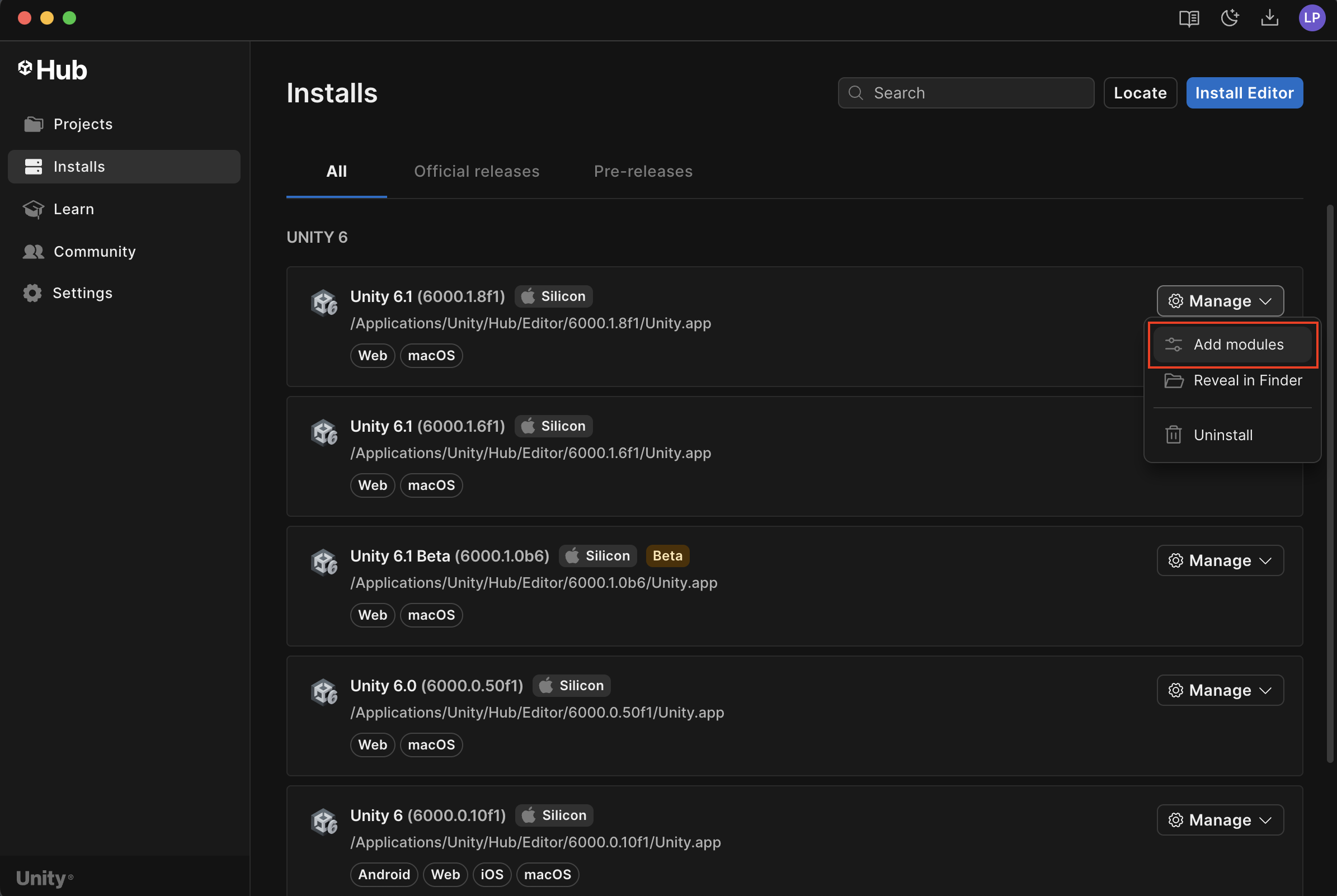 The Installs tab of the Unity Hub with the Manage menu expanded, with the Add modules option highlighted.