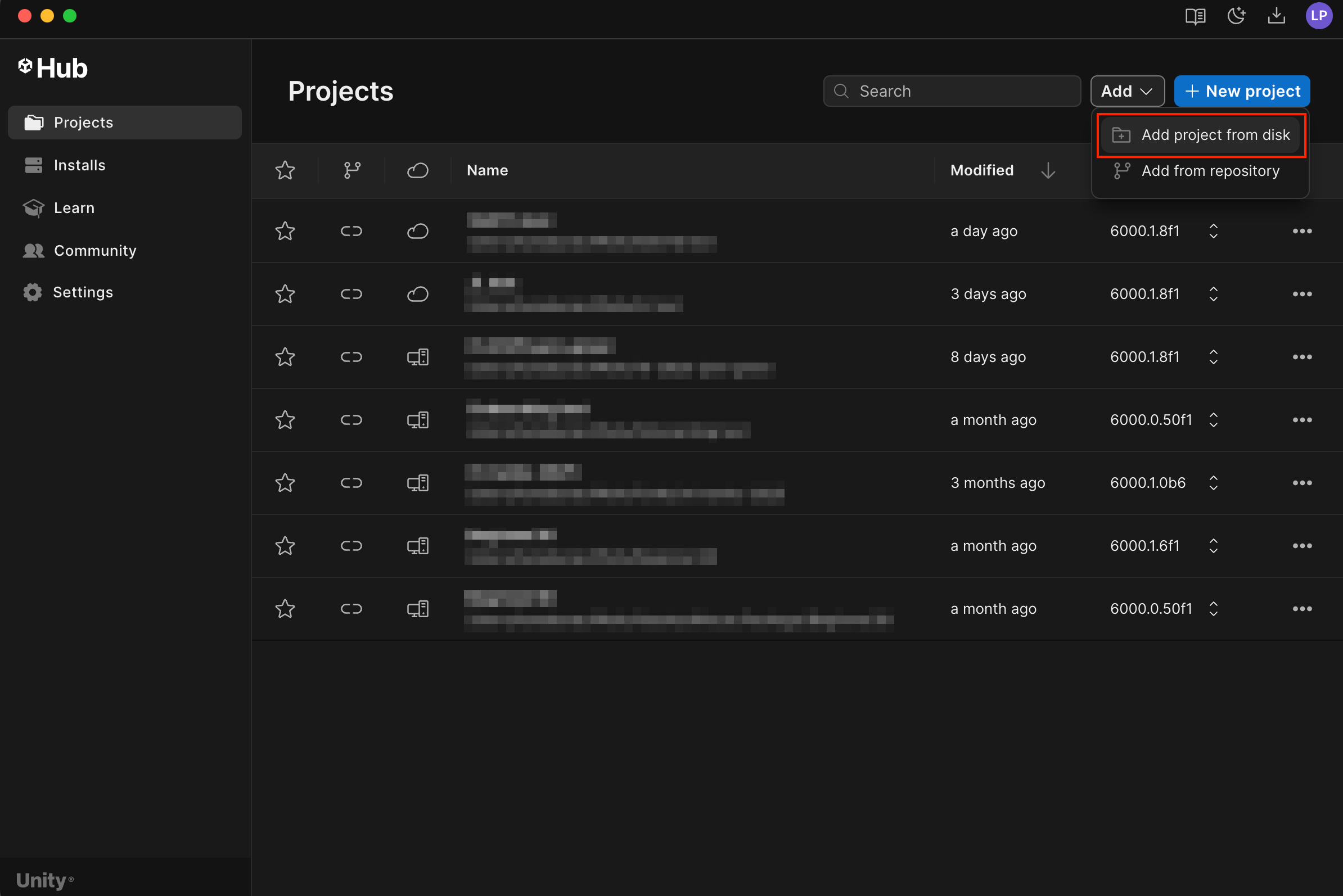 The projects tab of the Unity Hub with the Add project from disk setting highlighted.