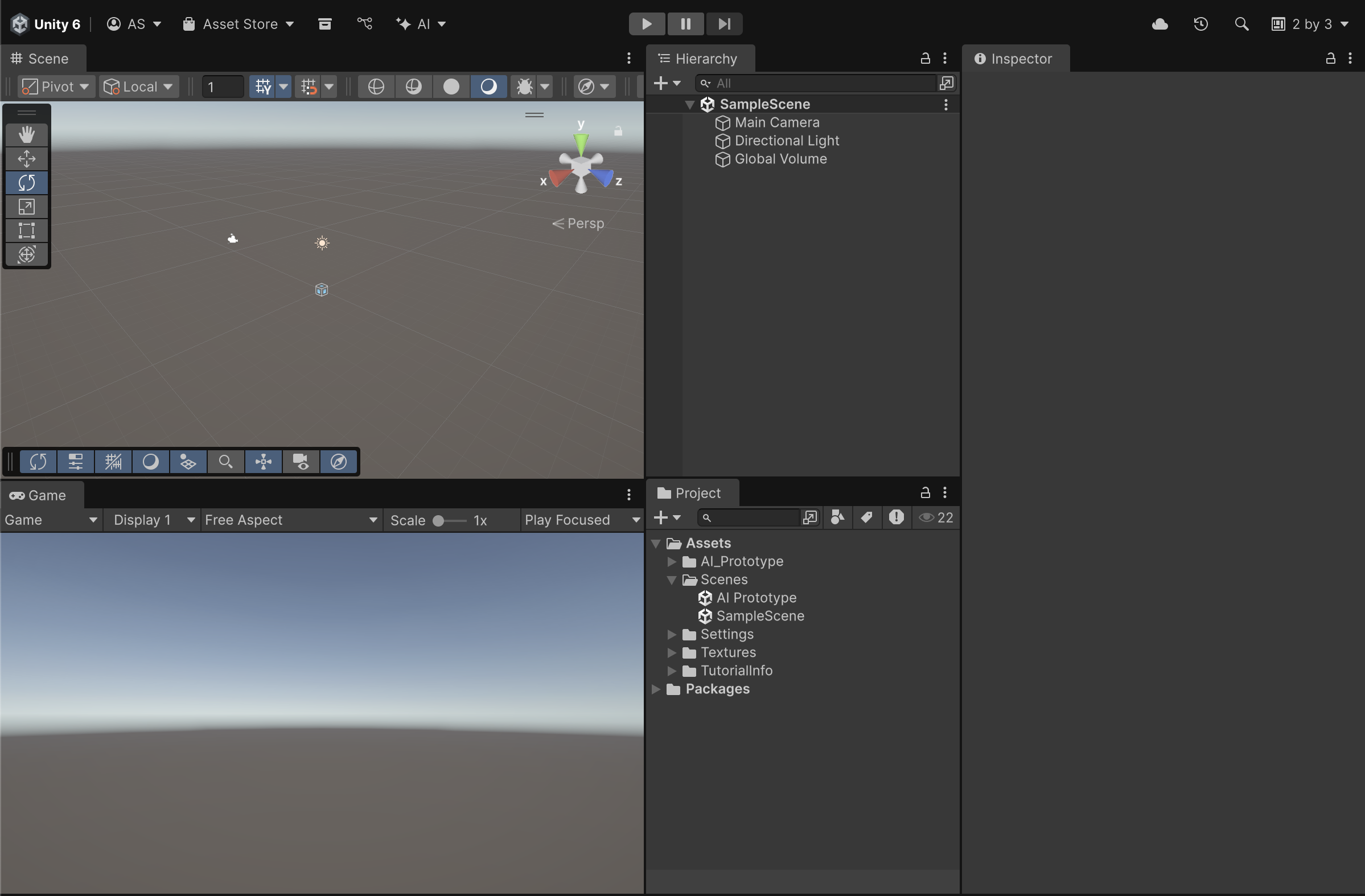 Unity Interface with 2 by 3 layout and Project window beneath Hierarchy window.