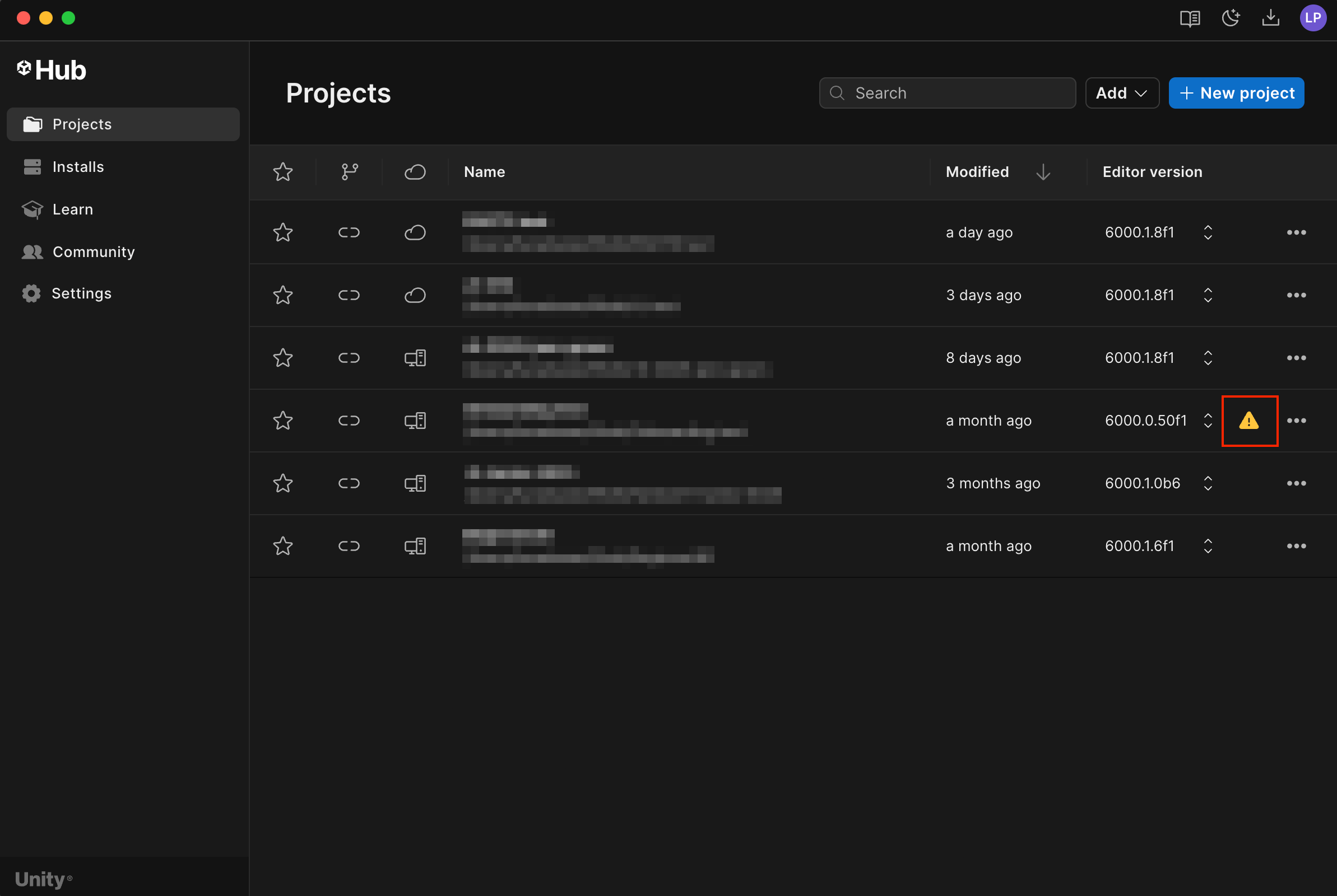 The Projects tab of the Hub with a warning showing for a project that requires a version of the Unity Editor that isn't installed.