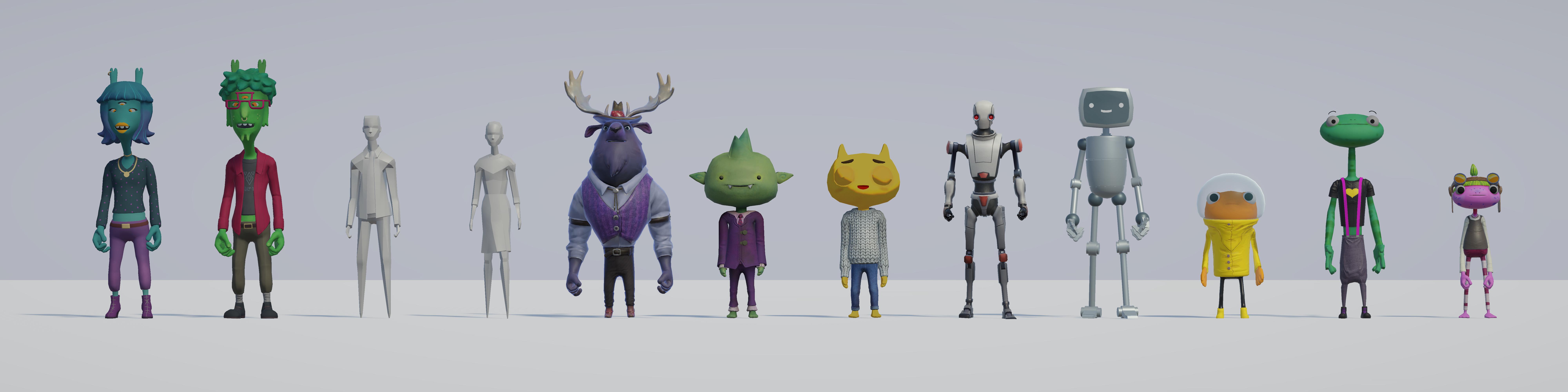 Lineup of characters in a row, facing the camera.