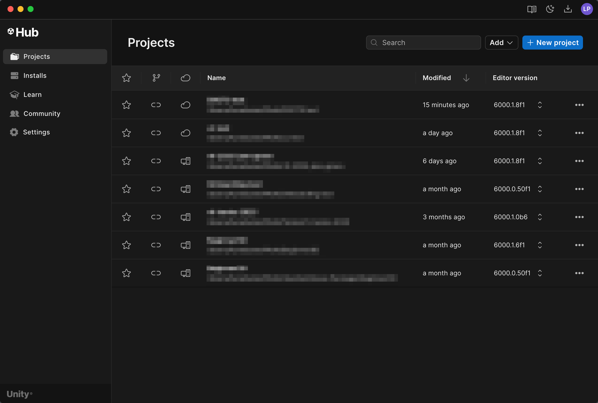 The Projects tab of the Unity Hub with the New Project button highlighted.