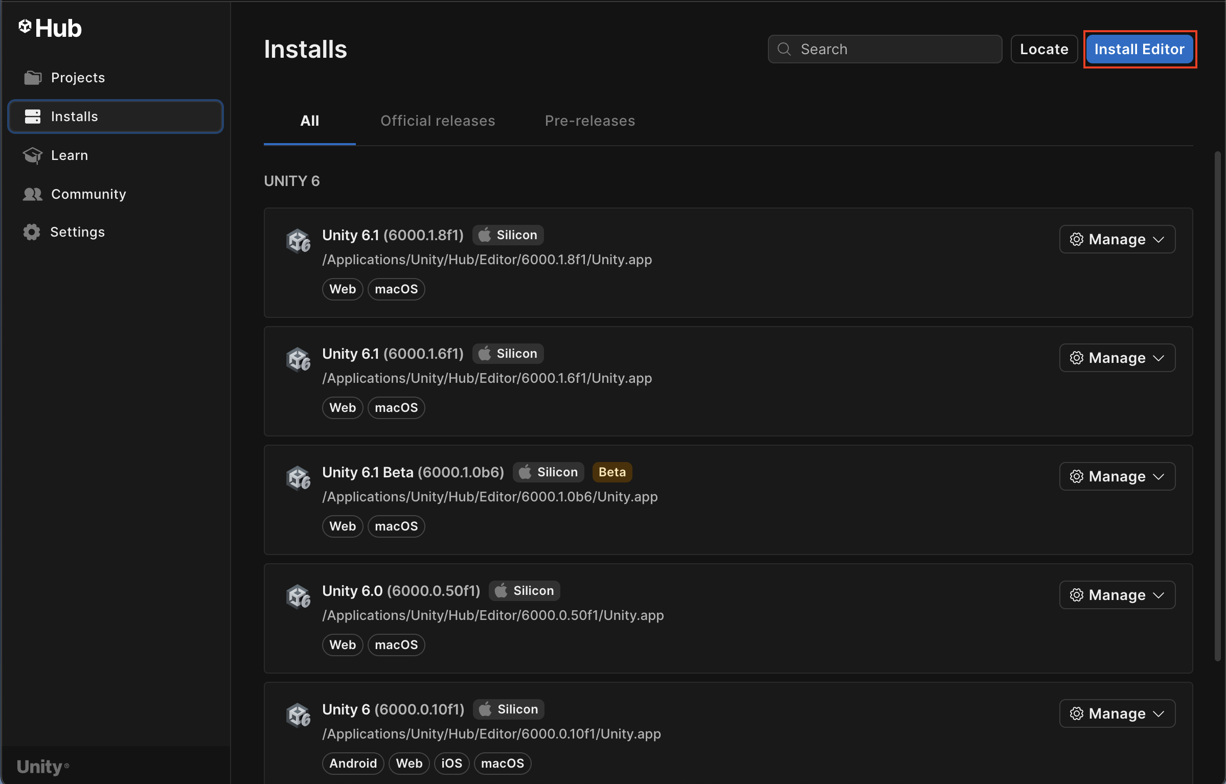The Installs tab of the Unity Hub with the Install Editor button highlighted.