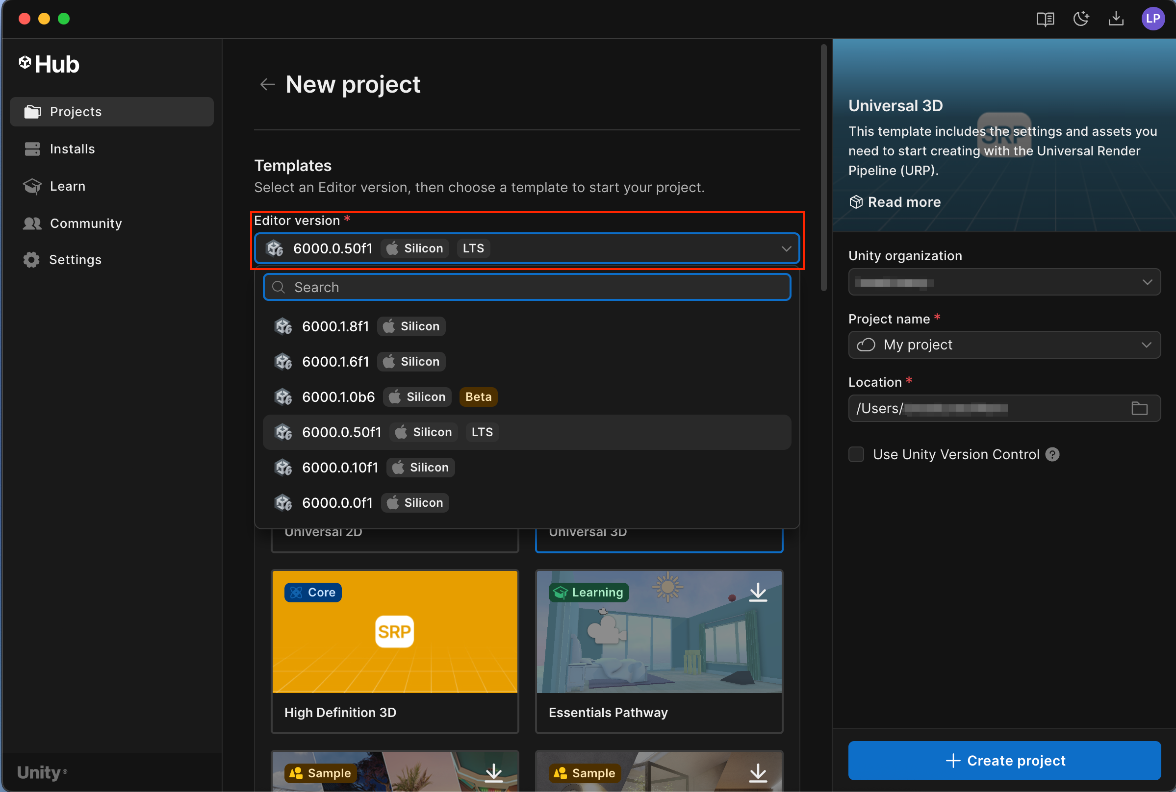 The New Project window with the Editor Version dropdown displayed and highlighted.