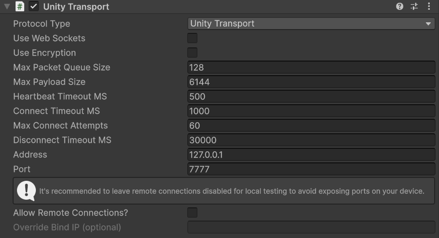 The Unity transport section of the NetworkManager component.