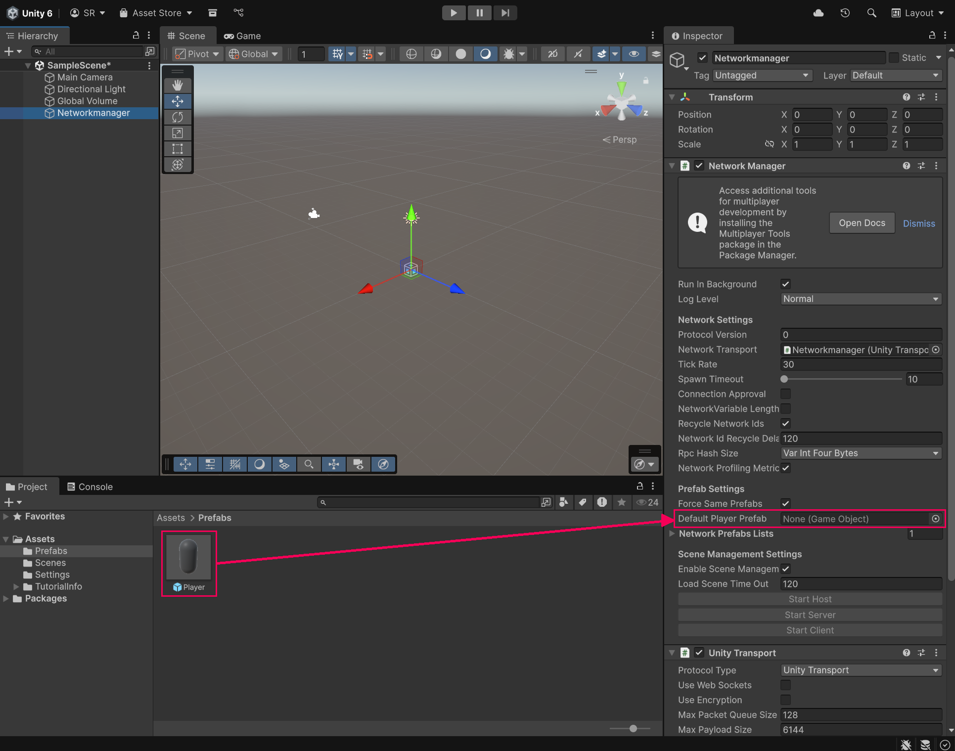 Dragging the Player prefab into the network manager component.