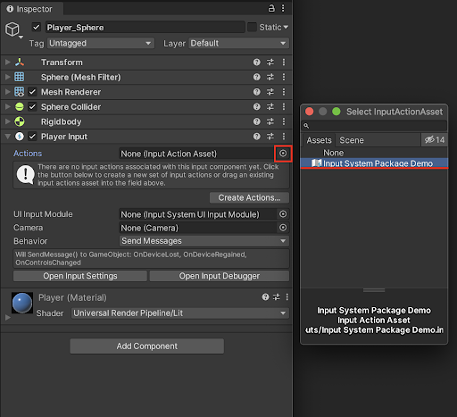 Connecting the new Input Action asset to the Player Input