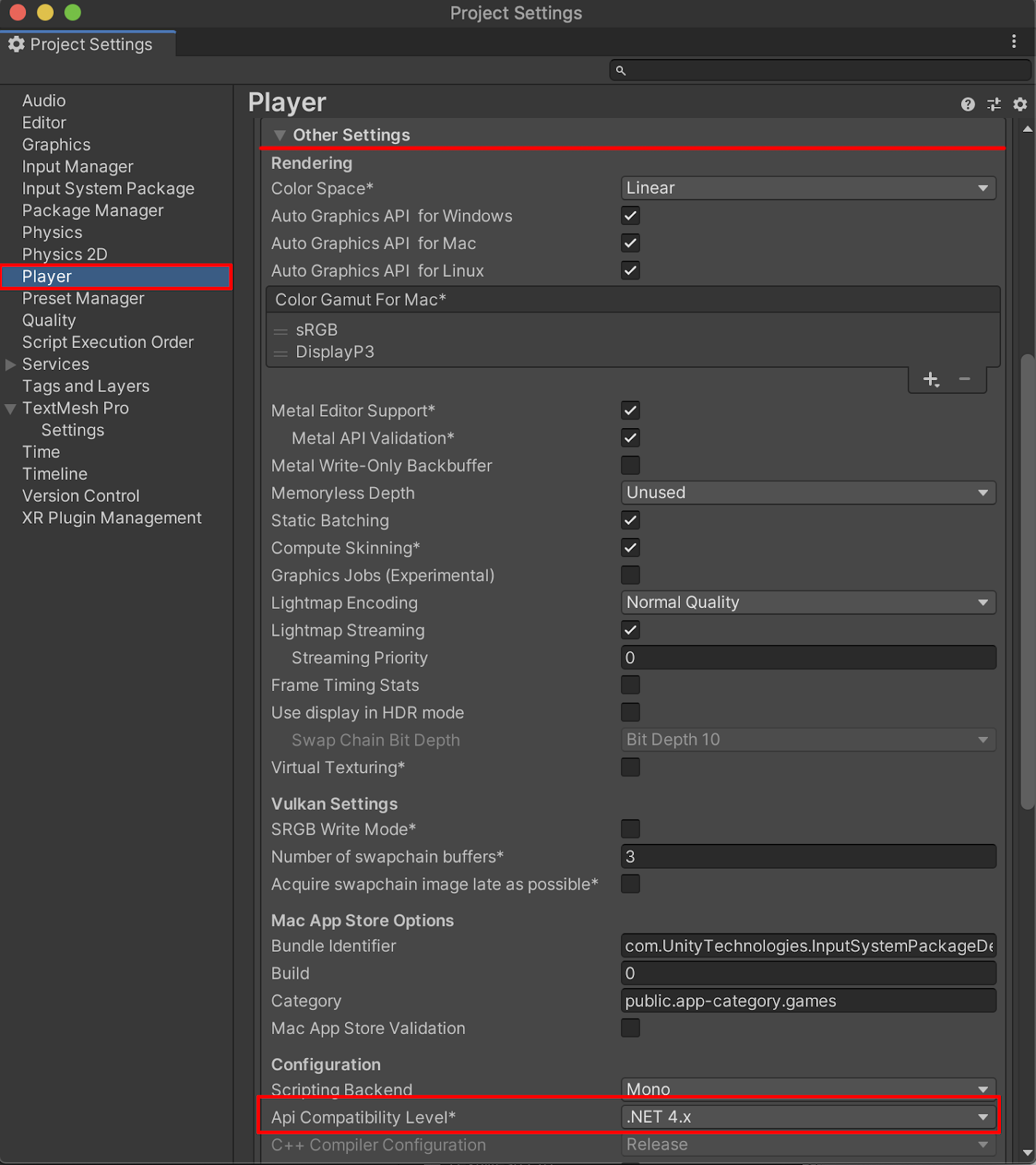 The Project Settings window