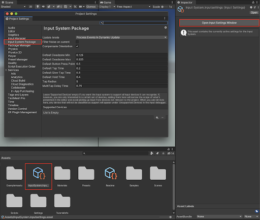 With the InputSystem.inputsettings.asset selected in the Project window, The Open Input Settings Window button in the Inspector opens up the Project Settings window
