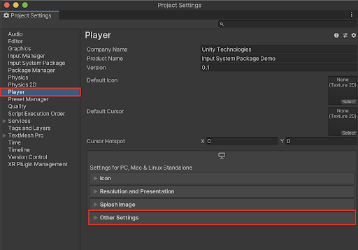 Selecting to expand the Player option’s Other Settings