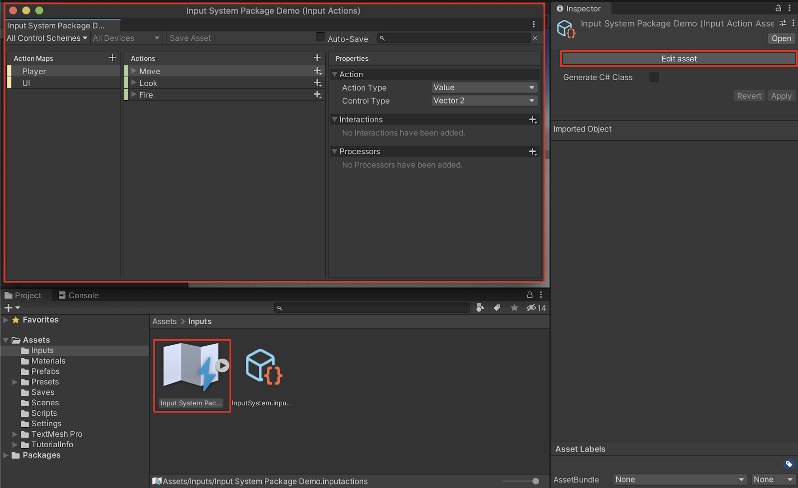 With the Input System Package Input Actions asset selected in the Project window, the Edit asset button in the Inspector opens up the Input Actions window