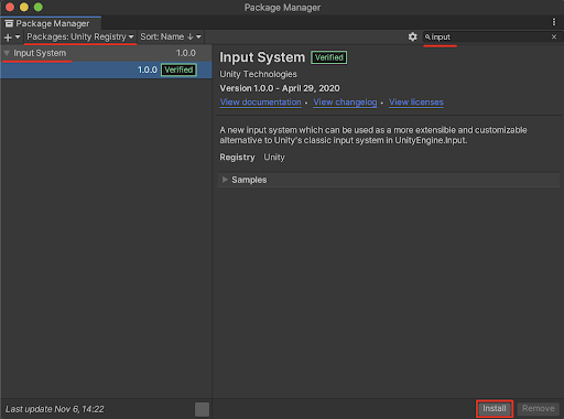 Installing the Input System in the Package Manager