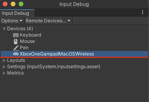 The connected devices are shown in the Input Debug window