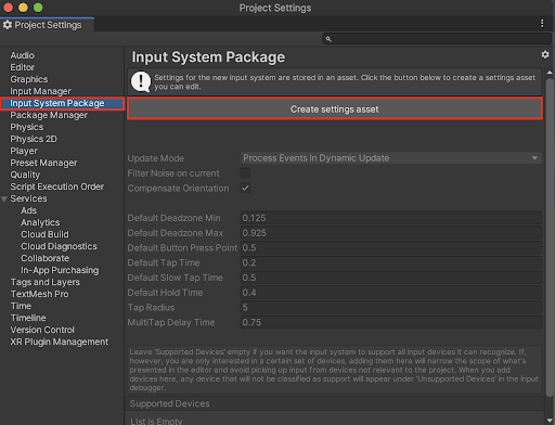 The Input System Package Create settings asset button in the Project Settings